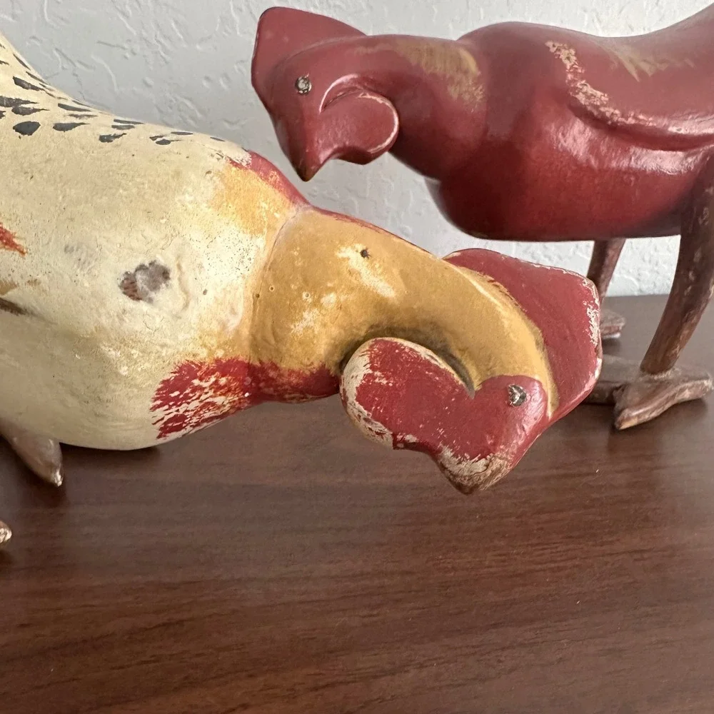 Vintage Wooden Pecking Hens Pair (2)‎ Red Farmhouse Folk Art Large